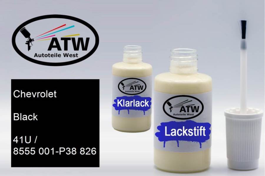 Chevrolet, Black, 41U / 8555 001-P38 826: 20ml Lackstift + 20ml Klarlack - Set, von ATW Autoteile West.